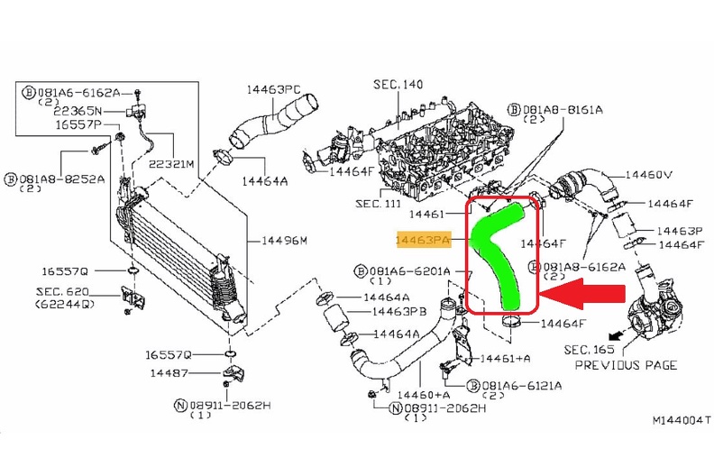 NISSAN NAVARA D40 PATHFINDER TURBO INTERCOOLER HOSE PIPE 144635X00B